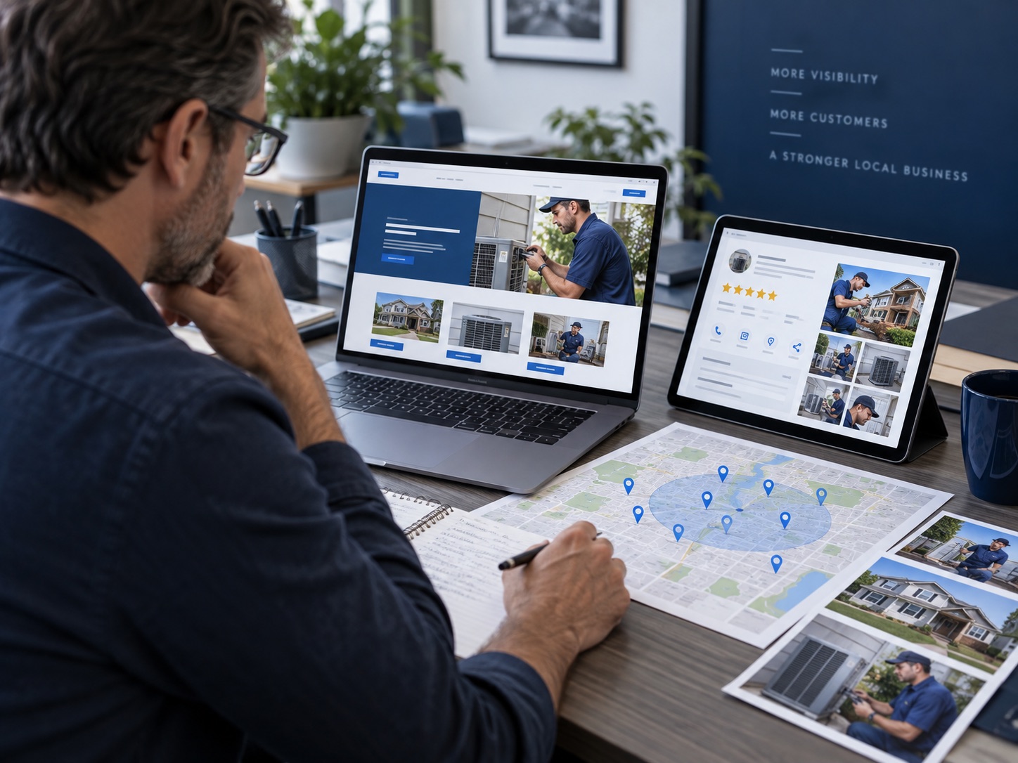 Local search strategist reviewing a service website, business profile and neighborhood map